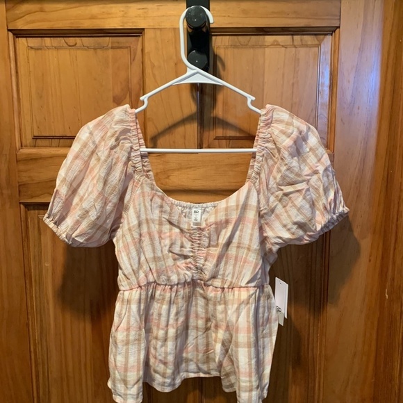 BP Babydoll Peplum Hem Blouse In Pink Beige Plaid Small NWT - Picture 2 of 7